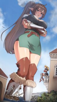 2girls ahoge belt belt_buckle black_shirt blue_sky boat boots breasts brown_belt brown_boots brown_gloves brown_hair buckle cloud commentary commission crossed_arms day double-parted_bangs english_commentary fingerless_gloves giant giantess gloves green_eyes green_skirt highres kkasi00 large_breasts long_hair looking_at_viewer miniskirt multiple_girls open_mouth original outdoors pointy_ears ponytail second-party_source shirt short_sleeves side_slit sitting size_difference skirt sky solo_focus standing velverelle_(bak3nator) watercraft
