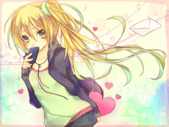 Rule 34 | 1girl, akita neru, black eyes, black jacket, blonde hair, blush, breasts, cellphone, commentary request, envelope, eyebrows hidden by hair, green scrunchie, green shirt, hair between eyes, heart, holding, holding phone, hood, hood down, hooded jacket, jacket, jewelry, kuroi (liar-player), long hair, long sleeves, necklace, open clothes, open jacket, phone, rainbow background, scrunchie, shirt, side ponytail, small breasts, smartphone, solo, very long hair, vocaloid, you&#039;ve liar! (vocaloid)
