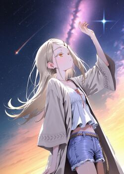 1girl absurdres arm_up blonde_hair blush camisole coat commentary_request expressionless flat_chest gakuen_idolmaster highres idolmaster long_hair milky_way navel open_clothes open_coat orange_eyes parted_lips shinosawa_hiro shooting_star shorts shubashuba sky solo star_(sky) starry_sky textless_version twilight wind