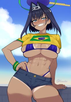 1girl abs absurdres arm_support artist_name bikini bikini_tan bikini_under_clothes black_hair blue_bikini blue_eyes blue_sky brazilian_flag brazilian_flag_print brazilian_miku brazilian_miku_(cosplay) breasts commentary contrapposto cosplay cowboy_shot earrings flag_print fruithead grin hand_on_own_hip hatsune_miku highres hololive hololive_english jewelry large_breasts navel ouro_kronii shirt short_shorts shorts sky smile solo swimsuit tan tanline virtual_youtuber vocaloid wristband yellow_shirt