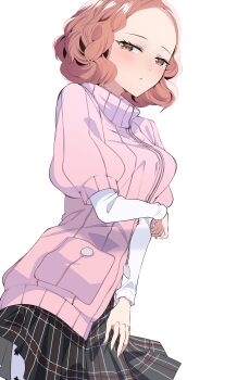 1girl absurdres arm_under_breasts blush breasts brown_eyes brown_hair cardigan commentary_request cowboy_shot from_below highres large_breasts long_sleeves looking_at_viewer looking_down mozuku_3 okumura_haru persona persona_5 pink_cardigan plaid_clothes plaid_skirt puffy_sleeves ribbed_cardigan school_uniform short_hair shuujin_academy_school_uniform simple_background skirt solo wavy_hair white_background