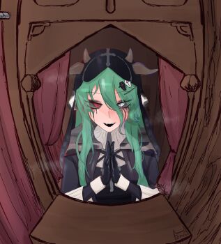 1girl 22foxulf animal_ears black_dress black_gloves black_sclera coffin_hair_ornament colored_sclera commentary confessional cow_ears cow_girl cow_horns crelly crelly_(mold_mother) cross cross-shaped_pupils dress gloves green_hair grey_sclera hair_between_eyes heterochromia highres horns indie_virtual_youtuber jewelry long_hair makeup mismatched_sclera mold mole mole_under_mouth necklace nun_headdress open_mouth praying red_eyes runny_makeup symbol-shaped_pupils virtual_youtuber