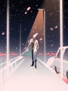 1boy black_shirt car censored censored_identity coat collared_shirt eyesoffyou0003 faceless facing_viewer falling_petals full_body highres kim_dokja lamppost limited_palette male_focus motor_vehicle night omniscient_reader&#039;s_viewpoint open_clothes open_coat petals popped_collar railing road shirt snow solo spotlight standing street white_coat