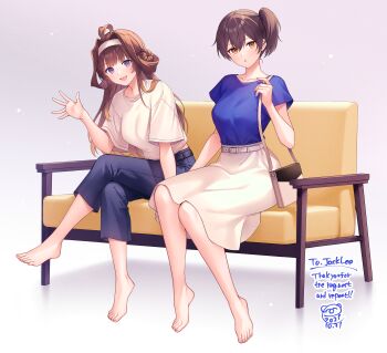 2girls absurdres barefoot brown_eyes brown_hair e_(eokiba) feet hairband highres kaga_(kancolle) kantai_collection kongou_(kancolle) long_hair looking_at_viewer multiple_girls open_mouth parted_lips purple_eyes side_ponytail sitting toes waving