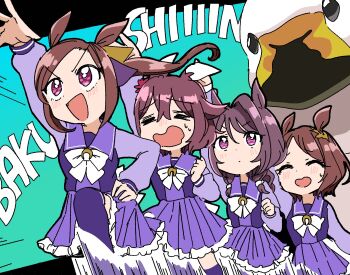 animal_ears bird blush bow brown_hair duck ear_ornament ffzm0 flower_in_eye gold_hairband hairband horse_ears horse_girl horse_tail horseshoe_ornament long_hair multiple_girls open_mouth ponytail purple_eyes purple_shirt sakura_bakushin_o_(umamusume) sakura_chitose_o_(umamusume) sakura_chiyono_o_(umamusume) sakura_laurel_(umamusume) school_uniform shirt smile symbol_in_eye tail tracen_school_uniform umamusume umamusume:_cinderella_gray