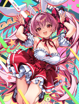 1girl :d animal_ears antenna_hair armpits arms_up bow bow_choker breasts choker cleavage commentary_request crossed_bangs detached_sleeves di_gi_charat dice_hair_ornament frilled_skirt frills hair_between_eyes hair_bow hair_intakes hair_ornament high-waist_skirt kink_(tortoiseshell) large_breasts long_hair majin_gappa open_mouth pink_hair puffy_detached_sleeves puffy_sleeves rabbit_ears rabbit_girl rabbit_pose red_bow red_choker red_eyes red_shoes red_skirt shirt shoes skirt sleeveless sleeveless_shirt smile socks solo twintails usada_hikaru very_long_hair white_shirt white_sleeves white_socks wrist_bow