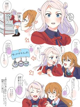 2girls :d ^_^ anegoma567 animal_charm arrow_(symbol) black_jacket black_shirt blue_eyes blush brown_footwear brown_hair cardigan charm_(object) closed_eyes collared_shirt commentary dress_shirt green_ribbon grey_hair grey_socks grin heart highres jacket konoe_kanata loafers long_hair long_sleeves looking_at_another love_live! love_live!_nijigasaki_high_school_idol_club miniskirt mole mole_under_eye multiple_girls neck_ribbon nijigasaki_school_uniform open_clothes open_jacket open_mouth pleated_skirt purple_eyes red_cardigan red_jacket red_ribbon ribbon school_uniform sequential shirt shoes sidelocks skirt smile socks speech_bubble spoken_notice_lines swept_bangs teeth translation_request two_side_up upper_teeth_only white_shirt white_skirt winter_uniform zhong_lanzhu