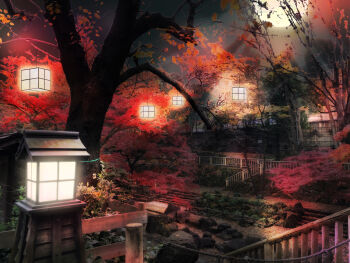 absurdres anipoke_(nctk5832) autumn_leaves commentary_request fence full_moon hanging_lantern highres lantern leaf moon night no_humans original outdoors path red_theme road scenery stairs stone_wall tree wooden_fence