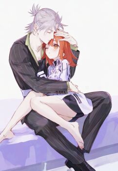 Rule 34 | 1boy, 1girl, ahoge, black gloves, carrying, carrying person, closed eyes, dress, fate/grand order, fate (series), fomnant, formal clothes, fujimaru ritsuka (female), fujimaru ritsuka (female) (decisive battle chaldea uniform), full body, gloves, grey hair, highres, holding, jacket, long sleeves, medium hair, orange hair, pants, pinstripe jacket, pinstripe pants, pinstripe pattern, pinstripe suit, short hair, suit, takeda shingen (fate), takeda shingen (first ascension) (fate), white dress, white jacket, yellow eyes