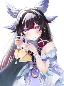 Rule 34 | bare shoulders, black hair, blush, closed mouth, columbina (genshin impact), commentary request, dress, female pov, frilled sleeves, frills, genshin impact, gradient hair, hair in own mouth, hair ribbon, hands up, head wings, highres, long hair, long sleeves, looking at viewer, loose hair strand, mizu (mizu5152), multicolored hair, multiple girls, off-shoulder dress, off shoulder, pov, pov hands, purple eyes, red hair, ribbon, sandrone (genshin impact), sidelocks, simple background, sparkle, streaked hair, unusually open eyes, upper body, white background, white dress, white ribbon, wings, yuri