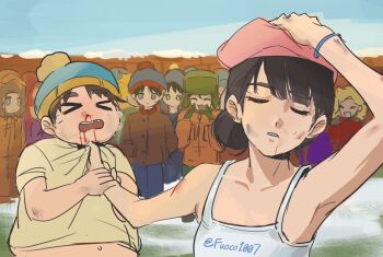 2girls 5boys bebe_stevens black_hair blood blue_hat child clothes_grab craig_tucker crowd eric_cartman fighting fuoco1007 grabbing_another's_shirt hashtag-only_commentary hat injury jujutsu_kaisen kenny_mccormick kyle_broflovski meme multiple_boys multiple_girls naoya_hitting_choso_without_looking_(meme) nosebleed pink_hair shirt south_park stan_marsh tank_top wendy_testaburger