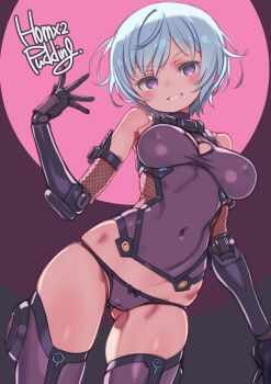 1girl artist_name bare_shoulders blue_eyes blue_hair blush bow bow_panties breasts breasts_apart cameltoe commentary_request covered_navel cowboy_shot doll_joints frame_arms_girl gluteal_fold grin highres hresvelgr joints large_breasts looking_at_viewer mechanical_arms paid_reward_available panties parted_lips puddinghomhom purple_eyes purple_panties short_hair smile solo underwear