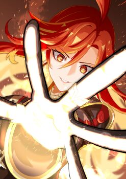 1girl absurdres ahoge aiming aiming_at_viewer black_gloves earrings fire genshin_impact gloves grin highres incoming_attack jewelry long_hair looking_at_viewer mavuika_(genshin_impact) multicolored_hair open_hand open_mouth orange_eyes orange_hair orange_pupils outstretched_hand pyrokinesis reaching reaching_towards_viewer red_hair smile solo spread_fingers sun_earrings symbol_in_eye tachi_(bokarokazoku) teeth two-tone_hair very_long_hair