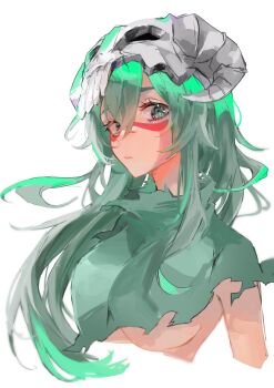 1girl 2023 bleach breasts closed_mouth espada facial_mark female_focus green_eyes green_hair highres hollow_mask large_breasts long_hair mask mask_on_head nelliel_tu_odelschwanck simple_background skull_on_head torn_clothes ui_1231 underboob white_background