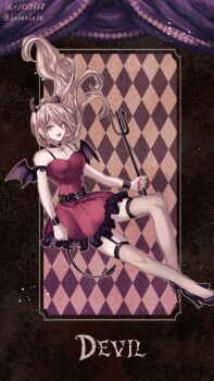 1girl ahoge blonde_hair blue_eyes bracelet breasts danganronpa_(series) danganronpa_v3:_killing_harmony devil dress female_focus happy high_heels horns iruma_miu jewelry long_hair open_mouth sayanagi_kaya solo tail thighhighs wings