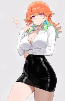 1girl ? absurdres alternate_costume arms_at_sides black_skirt bluefield breasts commentary feathers gradient_hair green_hair high-waist_skirt highres hololive hololive_english large_breasts long_hair looking_at_viewer miniskirt multicolored_hair nail_polish office_lady orange_hair pencil_skirt purple_eyes skirt solo takanashi_kiara thighhighs unbuttoned virtual_youtuber