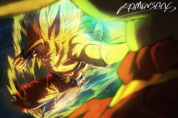 2boys artist_name aura blonde_hair broly_(dragon_ball_z) clenched_hands clenched_teeth dragon_ball dragonball_z full_body green_eyes highres medium_hair multiple_boys orange_pants pants punching ramensan signature solo_focus son_goku spiked_hair super_saiyan super_saiyan_1 teeth topless_male torn_clothes torn_pants