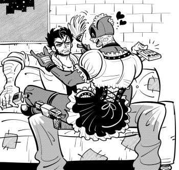 2boys arm_hair back beard bodysuit commentary_request controller couch deadpool deadpool_&amp;_wolverine deadpool_(series) duster facial_hair gloves greyscale hand_hair heart holding holding_duster looking_at_another maid_headdress male_focus marvel marvel mask mask_lift monochrome multiple_boys muscular muscular_male om85549 on_couch remote_control scar scars_all_over short_hair sitting sitting_on_lap sitting_on_person smile spread_legs too_many wolverine_(x-men) x-men yaoi