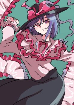 Rule 34 | 1girl, black hat, blue hair, blush, bow, bright pupils, capelet, closed mouth, commentary request, frilled capelet, frilled shawl, frills, green background, hat, hat bow, highres, long sleeves, looking at viewer, nagae iku, red eyes, shawl, shioshio (betabetarimocon), short hair, simple background, solo, touhou, white pupils