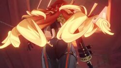 1girl 3d animated ass ass_focus black_bodysuit black_gloves bodysuit fiery_hair from_behind from_below gameplay genshin_impact gloves gradient_hair jiggle long_hair mavuika_(genshin_impact) multicolored_hair orange_hair red_hair skin_tight solo tagme very_long_hair video walking