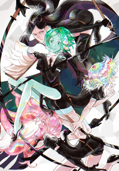 4others androgynous aqua_skin black_boots black_gloves black_hair black_necktie black_shirt black_shorts boots bort closed_mouth colored_skin commentary crystal_hair diamond_(houseki_no_kuni) elbow_gloves english_commentary frown gem_uniform_(houseki_no_kuni) gloves green_eyes green_hair highres holding holding_sword holding_weapon houseki_no_kuni long_hair looking_at_viewer morganite_(houseki_no_kuni) multicolored_hair multiple_others necktie one_eye_closed open_mouth other_focus paper phosphophyllite pink_eyes pink_hair rainbow_hair shirt short_hair short_shorts short_sleeves shorts smile sparkle sword thigh_boots thighhighs very_long_hair weapon white_gloves white_thighhighs wormontwostrings