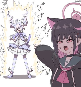 &gt;_&lt; 2girls absurdres ahoge animal_ears artist_name black_choker black_hair black_hoodie blue_archive cat_ears cat_girl choker colored_inner_animal_ears colored_inner_hair commentary drill_hair extra_ears gloves green_sailor_collar hair_ornament halo highres hood hoodie kai_xin kazusa_(blue_archive) long_hair long_sleeves magical_girl multicolored_hair multiple_girls neckerchief official_alternate_costume open_mouth pantyhose pink_hair pink_halo pink_neckerchief pointing puffy_sleeves purple_hair red_eyes reisa_(blue_archive) reisa_(magical)_(blue_archive) sailor_collar school_uniform serafuku short_hair short_sleeves simple_background smile star_(symbol) star_hair_ornament star_halo striped_clothes striped_pantyhose sweatdrop symbol-only_commentary twintails two-tone_hair upper_body white_background white_gloves