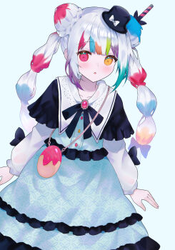 1girl bag black_bow black_capelet black_hat black_ribbon blue_dress book_off bow brooch capelet commentary_request double_bun dress frilled_dress frills glazearty hair_bun hat heterochromia highres jewelry jogasaki_noah long_hair long_sleeves looking_at_viewer mahou_shoujo_no_majo_saiban mini_hat multi-tied_hair multicolored_hair neck_ribbon official_alternate_costume official_alternate_hairstyle open_mouth ribbon solo standing streaked_hair white_hair yellow_eyes