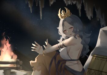 1girl absurdres bikini bikini_top_only bonfire bracelet butt_crack cave chirizuka_ubame commentary crown cup english_commentary food from_behind grey_hair highres jewelry light_particles long_hair looking_at_viewer looking_to_the_side no_noru plate purple_eyes sidelighting skirt solo squinting stalactite swimsuit table touhou warming_hands white_bikini yellow_skirt