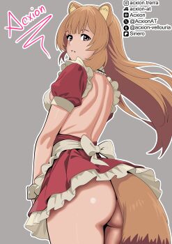Rule 34 | 1girl, absurdres, acxion-vellouria, alternate costume, animal ear fluff, animal ears, artist name, ass, back, backless dress, backless outfit, blunt bangs, breasts, brown hair, commentary, cowboy shot, dress, floating hair, frilled dress, frills, from behind, grey background, highres, instagram logo, instagram username, long hair, looking at viewer, looking back, maid, medium breasts, microdress, no panties, parted lips, patreon logo, patreon username, pink eyes, pixiv logo, pixiv username, raccoon ears, raccoon girl, raccoon tail, raphtalia, red dress, short sleeves, sideboob, signature, simple background, smile, solo, straight hair, tail, tate no yuusha no nariagari, tumblr logo, tumblr username, twitter username, twitter x logo, unconventional maid