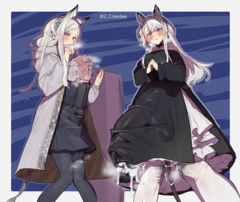 1futa animal_ears animal_penis arknights artist_name black_dress black_pantyhose black_skirt blue_background blush border breasts bulge closed_mouth commentary_request cum cumdrip dress erection erection_under_clothes feet_out_of_frame from_below futanari grey_jacket grey_shirt hairband heavyrain_(arknights) heavyrain_(tranquil_moss)_(arknights) highres hood hood_down hooded_jacket horse_ears horse_penis huge_penis huge_testicles jacket long_hair long_sleeves looking_at_viewer medium_breasts mirin_chikuwa multiple_views official_alternate_costume open_clothes open_jacket outside_border own_hands_together pantyhose penis purple_eyes see-through_clothes see-through_shirt shirt skirt standing testicles twitter_username white_border white_hair white_pantyhose zebra_ears zebra_girl zebra_tail