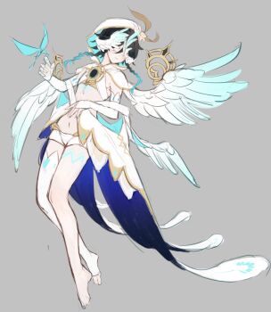 1boy ahe63011 angel_wings aqua_hair barefoot black_hair blindfold blush braid bridal_gauntlets capelet chest_tattoo chinese_commentary commentary_request covered_eyes crop_top crystalfly_(genshin_impact) feathered_wings feet floating_hair genshin_impact gold_trim gradient_hair gradient_wings grey_background head_wings highres hood hood_up hooded_capelet leg_tattoo male_focus medium_hair multicolored_hair multicolored_wings multiple_wings navel parted_lips seraph shirt short_shorts shorts side_braids simple_background single_thighhigh sleeveless sleeveless_shirt solo stomach tattoo thighhighs toes twin_braids venti_(archon)_(genshin_impact) venti_(genshin_impact) white_bridal_gauntlets white_capelet white_shirt white_shorts white_thighhighs white_wings wings wings_over_eyes
