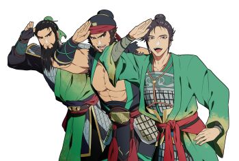 3boys absurdres armor beard black_gloves black_hair breastplate brown_eyes bun_cover chinese_armor chinese_clothes closed_mouth cowboy_shot facial_hair fingerless_gloves furrowed_brow gloves green_robe guan_yinping_(shin_sangoku_musou) hair_bun hand_on_own_hip headband highres igusaharu liu_bei_(shin_sangoku_musou) male_focus multiple_boys muscular muscular_male open_clothes open_mouth open_robe pectorals red_headband robe salute shin_sangoku_musou shin_sangoku_musou_origins shoulder_armor sideburns smile twitter_username white_background zhang_fei_(shin_sangoku_musou)