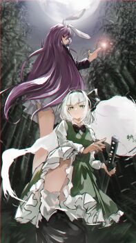 Rule 34 | 2girls, absurdres, animal ears, bamboo, bamboo forest, black bow, black bowtie, black hairband, black shoes, bow, bowtie, chinese commentary, commentary request, forest, full body, full moon, green eyes, hairband, highres, konpaku youmu, long hair, looking at viewer, moon, multiple girls, nature, outdoors, purple hair, rabbit ears, rabbit girl, red eyes, reisen udongein inaba, shirt, shoes, short hair, socks, touhou, v-shaped eyebrows, white shirt, white socks, xiaoxijino