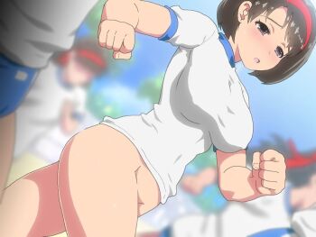 Rule 34 | 4girls, blush, bottomless, female focus, multiple girls, nighthawk (circle), outdoors, playing sports, public indecency, running, sportswear, track and field, undressing