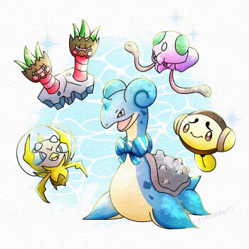 Rule 34 | alternate color, animal focus, binacle, blue bow, bow, closed mouth, commentary request, dewpider, diagonal-striped bow, gen 1 pokemon, gen 5 pokemon, gen 6 pokemon, gen 7 pokemon, highres, lapras, nintendo, no humans, open mouth, pokemon, pokemon (creature), pokemon focus, reshiramu, shiny pokemon, smile, sparkle, striped bow, tentacool, tympole, water