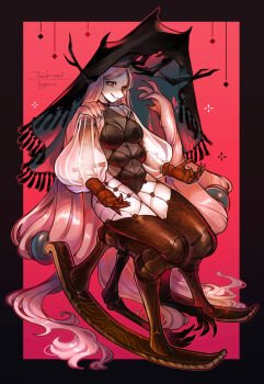 1girl absurdly_long_hair antlers black_eyes black_veil chair claws commentary_request commission doll_joints extra_arms extra_breasts full_body highres hogara horns joints long_hair long_sleeves looking_at_viewer monster_girl orange_pupils original pink_hair prehensile_hair puffy_long_sleeves puffy_sleeves red_background ringed_eyes rocking_chair skeb_commission solo veil very_long_hair