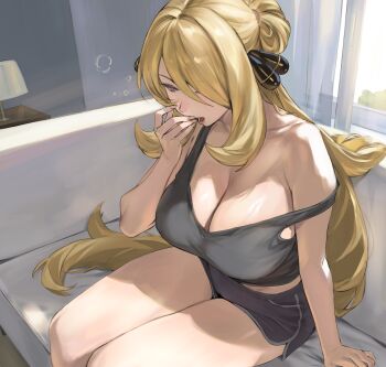 1girl bare_shoulders black_shorts blonde_hair breasts cleavage commentary couch cynthia_(pokemon) dolphin_shorts grey_eyes grey_tank_top hair_ornament hair_over_one_eye highres large_breasts long_hair nintendo open_mouth pokemon pokemon_diamond/pearl/platinum short_shorts shorts sitting solo taiyang_yu tank_top very_long_hair yawning