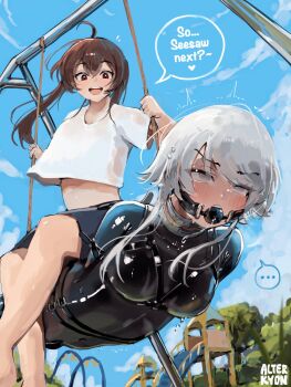 ... 2girls ahoge alterkyon ball_gag bdsm black_bodysuit bodysuit bondage bound breasts brown_hair cloud cloudy_sky gag grey_eyes highres human_chair human_furniture latex latex_bodysuit long_hair long_sidelocks multiple_girls on_swing open_mouth original outdoors park playground red_eyes shirt sidelocks sitting sitting_on_person skin_tight sky speech_bubble suspension swing swing_set swinging_on_swing teeth twintails upper_teeth_only white_hair white_shirt