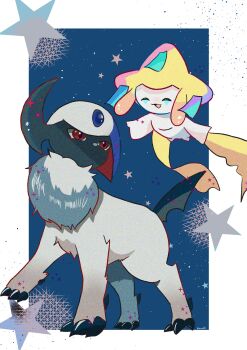 absol animal_focus claws closed_eyes closed_mouth colored_skin floating fluffy full_body gen_3_pokemon highres horns jirachi legendary_pokemon mane mendako_(tyatyaumai29) mythical_pokemon neck_fur nintendo no_humans open_mouth pokemon pokemon_(creature) pokemon_focus red_eyes single_horn smile star_(symbol) tail white_fur white_skin