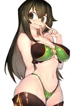 1girl :> adapted_costume asui_tsuyu bare_shoulders bikini black_bikini black_eyes black_hair black_thighhighs boku_no_hero_academia breasts cleavage covered_erect_nipples curvy frog_girl fumio_(rsqkr) green_bikini green_hair hair_rings highres hip_dips hip_focus large_breasts long_hair long_tongue looking_at_viewer low-tied_hair_ring low-tied_long_hair multicolored_bikini narrow_waist navel prehensile_tongue simple_background solo swimsuit thick_thighs thighhighs thighs tongue tongue_out two-tone_bikini very_long_tongue white_background wide_hips