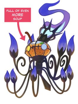 arrow_(symbol) blue_fire chandelure commentary english_text fire food full_body gen_5_pokemon highres ladle mega_chandelure nintendo no_humans pokemon pokemon_(creature) pokemon_focus rei_(esprei96) simple_background solo soup white_background yellow_eyes