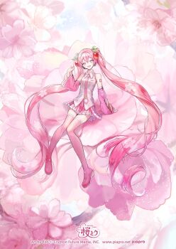 1girl alternate_hairstyle arm_tattoo bare_shoulders blush breasts cherry_hair_ornament collarbone collared_shirt commentary_request company_name detached_sleeves floral_print flower food-themed_hair_ornament full_body hair_between_eyes hair_ornament hatsune_miku headset highres knees_together_feet_apart long_hair long_sleeves looking_at_viewer medium_breasts necktie number_tattoo official_alternate_costume open_mouth piapro_studio pink_eyes pink_flower pink_hair pink_necktie pink_skirt pipi_(pipinavigation) sakura_miku shirt sitting skirt sleeveless sleeveless_shirt smile solo spring_(season) tattoo teeth twintails very_long_hair vocaloid white_trim wide_sleeves