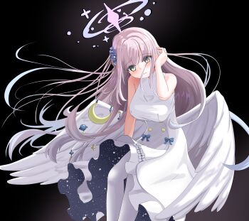 1girl absurdres angel_wings black_background blue_archive blush buttons closed_mouth crescent dress ester1009 eyes_visible_through_hair feathered_wings flower hair_between_eyes hair_flower hair_ornament halo highres looking_at_viewer low_wings mika_(blue_archive) pantyhose pink_hair pink_halo simple_background sleeveless sleeveless_dress solo white_dress white_pantyhose white_wings wings yellow_eyes