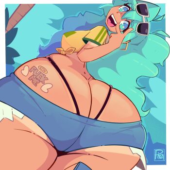 Rule 34 | 1girl, aqua eyes, aqua hair, ass, ass focus, ass tattoo, brazilian miku, butt crack, dark-skinned female, dark skin, hatsune miku, highres, huge ass, long hair, looking back, open mouth, pixzapix, shirt, shorts, smile, sunglasses, t-shirt, tan, tanline, tattoo, twintails, v, vocaloid