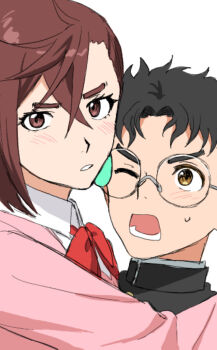 1boy 1girl ayase_momo black_hair black_jacket blush bow bowtie brown_eyes brown_hair collared_shirt commentary crossed_bangs dandadan earrings gakuran glasses hair_between_eyes heads_together highres hug jacket jewelry kami_high_school_uniform looking_at_viewer loose_bowtie one_eye_closed open_mouth parted_lips pink_sweater red_bow red_bowtie round_eyewear school_uniform shirt shirt_under_sweater short_hair sitimoto sweatdrop sweater takakura_ken_(dandadan) upper_body white_background white_shirt