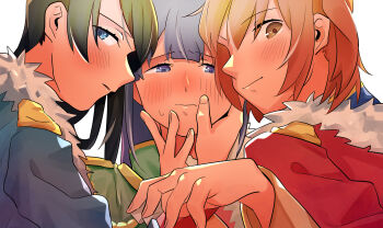 Rule 34 | 3girls, :|, aiguillette, aijou karen, ascot, black hair, blue eyes, blue jacket, blunt bangs, blush, brown eyes, brown hair, chinese commentary, closed mouth, commentary, commentary request, english commentary, epaulettes, fingernails, fur-trimmed jacket, fur trim, green jacket, half-closed eyes, hand on another's cheek, hand on another's face, hand up, hands up, highres, jacket, jacket on shoulders, kagura hikari, long hair, long sleeves, looking at another, looking at viewer, looking to the side, mixed-language commentary, multiple girls, nose blush, parted bangs, parted lips, purple hair, red jacket, short hair, shoujo kageki revue starlight, simple background, sweatdrop, takano daidokoro, tsuyuzaki mahiru, upper body, white ascot, white background, yuri