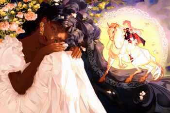 2girls absurdres bindi black_hair bridle cape dark-skinned_female dark_skin dress earrings elohay epaulettes falling_petals flower green_eyes hand_on_own_knee highres himemiya_anthy holding holding_flower holding_reins holding_sword holding_weapon horse horseback_riding jacket jewelry knees_up long_hair long_sleeves looking_at_viewer multiple_girls parted_bangs petals pink_hair red_lips reins riding rose school_uniform shorts shoujo_kakumei_utena sitting sword tenjou_utena wavy_hair weapon white_dress white_horse