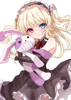 1girl absurdres bare_shoulders blonde_hair blue_eyes blush boku_wa_tomodachi_ga_sukunai child dress flat_chest hairband hasegawa_kobato heterochromia highres holding holding_stuffed_toy lolita_fashion lolita_hairband long_hair looking_at_viewer pamu_(pamu53621378) red_eyes solo stuffed_animal stuffed_rabbit stuffed_toy