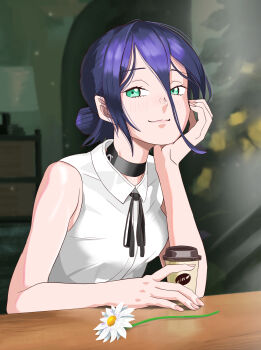 1girl absurdres black_choker black_ribbon blue_hair breasts cafe chainsaw_man choker closed_mouth collared_shirt commentary_request cup disposable_coffee_cup disposable_cup flower green_eyes hair_between_eyes hair_bun hand_on_own_chin head_rest highres indoors lamppost neck_ribbon reze_(chainsaw_man) ribbon sanuki_tonko shirt sleeveless sleeveless_shirt small_breasts solo table white_flower white_shirt