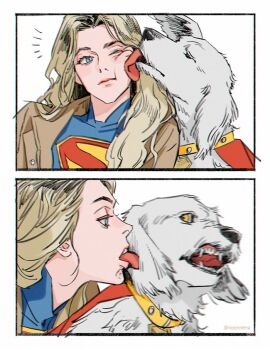 1girl animal_collar blonde_hair blue_eyes brown_jacket cape closed_mouth collar commentary dc_comics dc_universe_(franchise) disgust dog jacket juneseo krypto_the_superdog lips long_hair looking_to_the_side notice_lines one_eye_closed open_clothes open_jacket open_mouth red_cape sequential sideways_glance supergirl superhero_costume superman_(2025) superman_(series) superman_logo taste_of_a_liar_(meme) teeth tongue tongue_out white_dog yellow_collar yellow_eyes